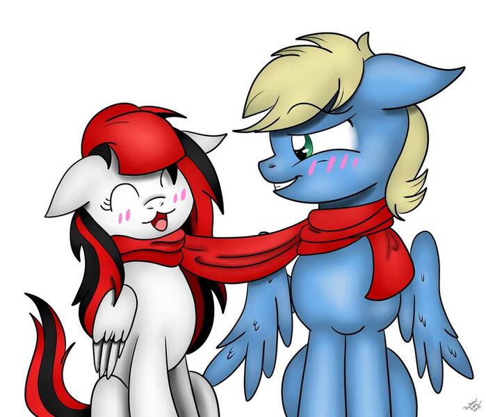 Size: 965x828 | Tagged: safe, artist:theartistsora, derpibooru import, oc, oc:synthis, oc:thedoctorsora, unofficial characters only, pegasus, pony, blushing, clothes, female, floppy ears, male, scarf, shared clothing, shared scarf, simple background, straight, synsora, white background