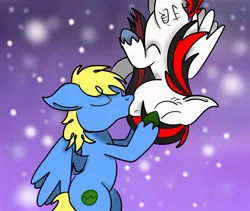 Size: 1024x865 | Tagged: safe, artist:theartistsora, derpibooru import, oc, oc:synthis, oc:thedoctorsora, unofficial characters only, pegasus, pony, female, kanji, kissing, male, stars, straight, synsora, upside down