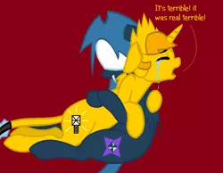 Size: 900x700 | Tagged: safe, artist:lullabyprince, artist:worldofcaitlyn, derpibooru import, ponified, bat pony, pony, unicorn, base used, bat ponified, crying, dialogue, globert, hug, lego, mixels, race swap, teslo