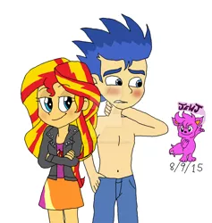 Size: 1024x1079 | Tagged: safe, artist:resotii, banned from derpibooru, deleted from derpibooru, derpibooru import, flash sentry, sunset shimmer, equestria girls, belly button, blushing, clothes, embarrassed, female, flashimmer, flirting, jeans, male, pants, partial nudity, shipping, smiling, straight, topless