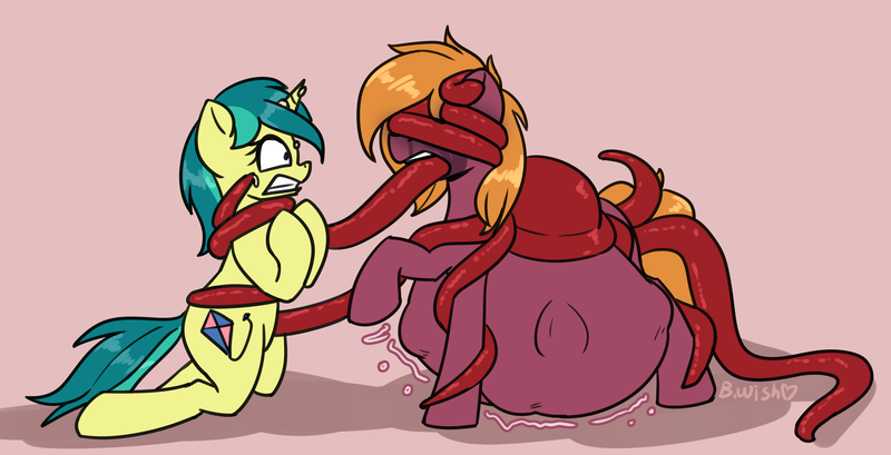 Size: 3757x1923 | Tagged: grimdark, questionable, artist:puetsua, derpibooru import, tiger lily, earth pony, jellyfish, pony, unicorn, background pony, belly, blood polyp, body control, bondage, crying, digestion, ear penetration, female, fetish, imminent vore, implied death, literal mindfuck, mare, mindfuck, parasite, penetration, scared, story in the source, tentacle bondage, tentacle porn, tentacles, this will end in death, unwilling predator, upright, vore