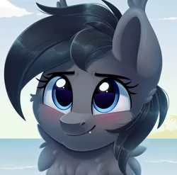 Size: 2080x2059 | Tagged: safe, artist:thegamblehorse, deleted from derpibooru, derpibooru import, oc, oc:seachell, unofficial characters only, bat pony, pony, beach, blue eyes, blushing, chest fluff, cute, cute little fangs, fangs, female, fluffy, lineless, mare, ocean, painting, smiling, solo