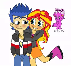 Size: 924x865 | Tagged: safe, artist:resotii, derpibooru import, flash sentry, sunset shimmer, equestria girls, blushing, clothes, cute, female, flashimmer, hug, hug from behind, jacket, leg in air, love, male, shipping, simple background, smiling, straight, white background