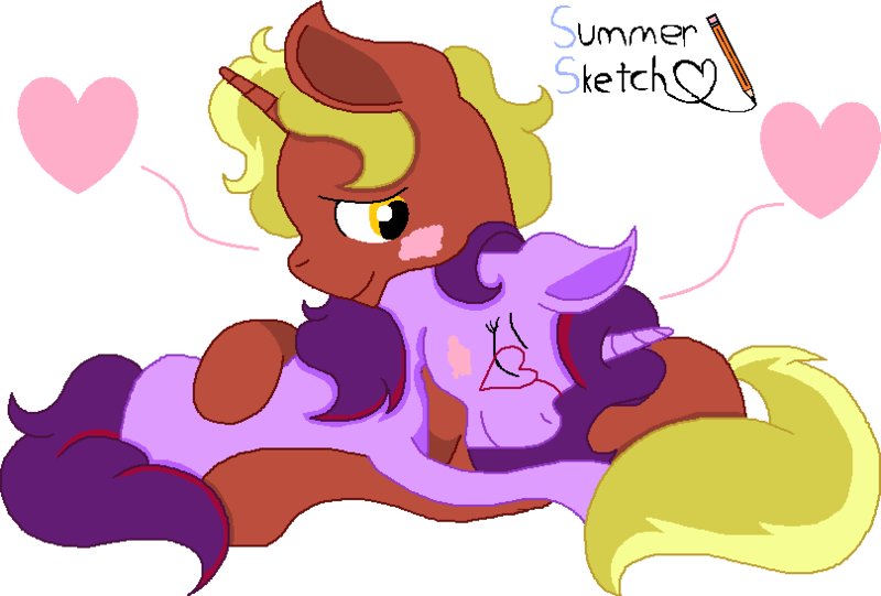 Size: 809x547 | Tagged: safe, artist:summersketch-mlp, derpibooru import, oc, oc:aramau, oc:firebrand, pony, blushing, female, hug, male, shipping, straight, traditional art