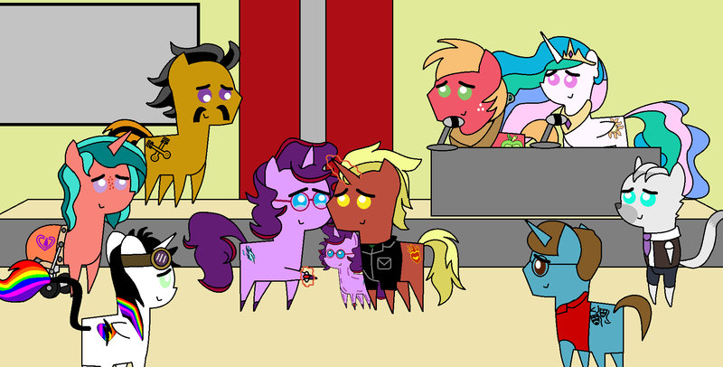 Size: 1840x934 | Tagged: safe, artist:equestriaguy637, derpibooru import, big macintosh, princess celestia, oc, oc:aramau, oc:dr. wolf, oc:dusty katt, oc:firebrand, oc:lightning bliss, oc:ripple effect, oc:thespio, pony, engagement, female, male, shipping, straight