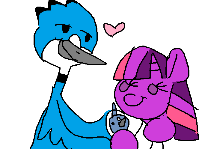 Size: 674x497 | Tagged: artist needed, safe, derpibooru import, twilight sparkle, anthro, bird, blue jay, digitigrade anthro, hybrid, pony, unicorn, 1000 hours in ms paint, baby, crossover, crossover shipping, female, interspecies offspring, male, mordecai, mordetwi, ms paint, offspring, parent:mordecai, parent:twilight sparkle, parents:mordetwi, regular show, shipping, simple background, straight, white background