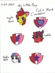 Size: 1696x2284 | Tagged: safe, artist:worldofcaitlyn, derpibooru import, apple bloom, scootaloo, sweetie belle, earth pony, pegasus, pony, unicorn, cutie mark, cutie mark crusaders, female, filly, marker drawing, sharpie, the cmc's cutie marks, traditional art