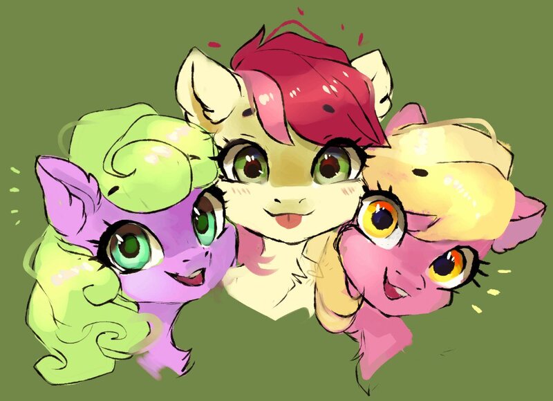 Size: 1080x783 | Tagged: safe, artist:sofiko-ko, derpibooru import, daisy, flower wishes, lily, lily valley, roseluck, earth pony, pony, :p, chest fluff, cute, ear fluff, female, flower trio, green background, looking at you, mare, simple background, tongue out, trio