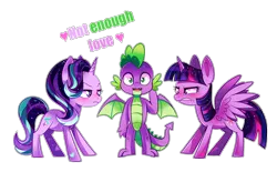 Size: 1800x1118 | Tagged: safe, artist:ipun, derpibooru import, spike, starlight glimmer, twilight sparkle, twilight sparkle (alicorn), alicorn, dragon, pony, angry, deviantart watermark, female, love triangle, male, mare, obtrusive watermark, older, older spike, shipping, simple background, sparlight, spike gets all the mares, straight, transparent background, twispike, watermark, winged spike, wings