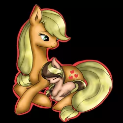 Size: 894x894 | Tagged: safe, artist:lunaapple, derpibooru import, oc, oc:apple melody, earth pony, pony, black background, blank flank, cute, female, foal, hatless, missing accessory, mommajack, mother and child, mother and daughter, offspring, parent:applejack, parent:caramel, parents:carajack, simple background