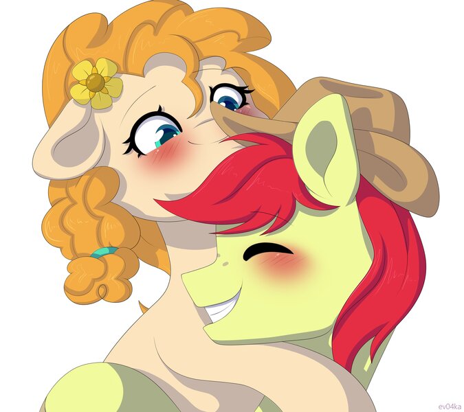 Size: 4096x3641 | Tagged: safe, artist:ev04kaa, derpibooru import, bright mac, pear butter, earth pony, pony, the perfect pear, blushing, brightabetes, brightbutter, cute, eyes closed, female, floppy ears, hat, hug, male, mare, pearabetes, rcf community, shipping, simple background, smiling, stallion, straight, white background