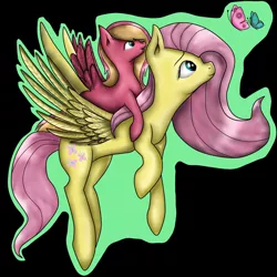 Size: 894x894 | Tagged: safe, artist:lunaapple, derpibooru import, fluttershy, oc, oc:shyflower, butterfly, pegasus, pony, black background, female, flying, foal, mother and child, mother and daughter, offspring, parent:big macintosh, parent:fluttershy, parents:fluttermac, pony ride, simple background