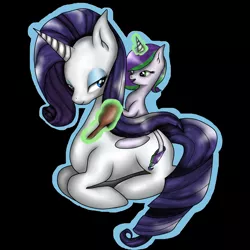 Size: 1024x1024 | Tagged: safe, artist:lunaapple, derpibooru import, rarity, oc, oc:diamond heart, dracony, dragon, hybrid, pony, unicorn, black background, brush, female, foal, hairbrush, interspecies offspring, lying down, magic, missing cutie mark, mother and child, mother and daughter, offspring, parent:rarity, parent:spike, parents:sparity, simple background