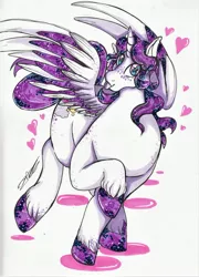 Size: 2418x3353 | Tagged: safe, artist:friskyhellspawn, derpibooru import, bouncy, oc, oc:solestiaglimmers, unofficial characters only, alicorn, pony, :p, alicorn oc, big eyes, female, freckles, full body, heart, horn, mare, purple mane, simple background, small head, solo, sparkly, spread wings, thick, tongue out, unshorn fetlocks, white background, wings