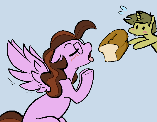 Size: 535x415 | Tagged: safe, artist:whatsapokemon, derpibooru import, oc, oc:ivy rose, oc:whatsapony, unofficial characters only, pegasus, pony, unicorn, blushing, bread, food, glasses, suggestive eating