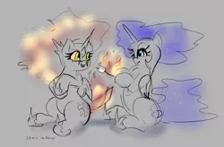 Size: 3386x2215 | Tagged: safe, artist:xbi, derpibooru import, daybreaker, nightmare moon, alicorn, pony, 30 minute art challenge, cute, diabreaker, duo, female, fire, food, gray background, marshmallow, moonabetes, mundane utility, partial color, siblings, simple background, sisters, sketch