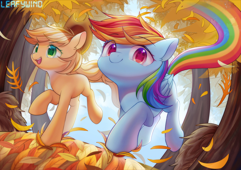 Size: 3000x2122 | Tagged: safe, artist:leafywind, derpibooru import, applejack, rainbow dash, earth pony, pegasus, pony, fall weather friends, cute, dashabetes, duo, female, jackabetes, leaves, mare, missing cutie mark, running of the leaves, smiling, starry eyes, tree, wingding eyes