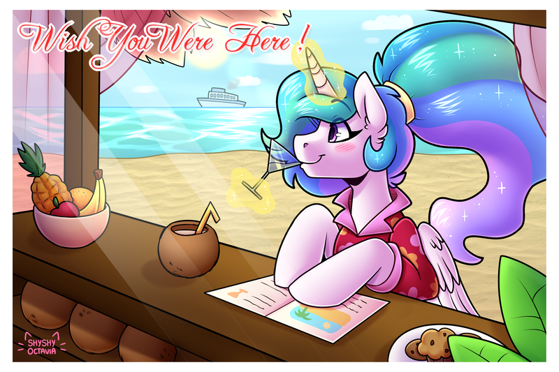 Size: 3543x2362 | Tagged: artist:shyshyoctavia, banana, bar, beach, blushing, boat, clothes, coconut, cute, cutelestia, derpibooru import, food, glowing horn, hawaiian shirt, horn, magic, martini glass, ocean, pineapple, ponytail, postcard, princess celestia, safe, shirt, signature, solo, telekinesis