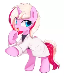 Size: 2289x2709 | Tagged: safe, artist:maren, derpibooru import, oc, oc:honningbrew, unofficial characters only, pony, unicorn, clothes, female, lab coat, mare, rearing, simple background, solo, white background