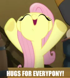Size: 900x1000 | Tagged: safe, derpibooru import, edit, edited screencap, screencap, fluttershy, pegasus, pony, my little pony: the movie, bronybait, caption, cute, daaaaaaaaaaaw, eyes closed, female, free hugs, hooves in air, hug, image macro, mare, needs more jpeg, nose in the air, open mouth, shyabetes, smiling, solo, text, time to be awesome