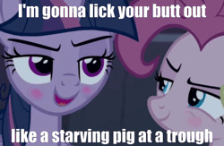 Size: 1280x833 | Tagged: suggestive, derpibooru import, edit, edited screencap, screencap, mean pinkie pie, mean twilight sparkle, alicorn, earth pony, pony, the mean 6, blushing, caption, clone, dialogue, female, females only, image macro, imminent analingus, implied analingus, implied oral, implied sex, lesbian, mare, mean twinkie, shipping, text, twinkie