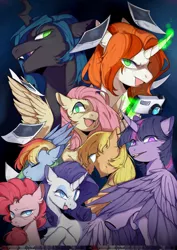 Size: 1476x2085 | Tagged: safe, artist:snowillusory, derpibooru import, crackle cosette, mean applejack, mean fluttershy, mean pinkie pie, mean rainbow dash, mean rarity, mean twilight sparkle, queen chrysalis, alicorn, changeling, changeling queen, earth pony, pegasus, unicorn, the mean 6, black background, camera, clone, disguise, disguised changeling, female, gesugao, glowing horn, horn, magic, mare, mean six, simple background, telekinesis