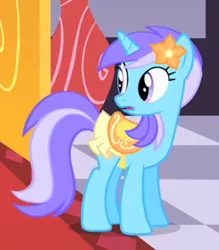 Size: 259x296 | Tagged: safe, derpibooru import, screencap, diamond mint, pony, unicorn, the best night ever, background pony, cropped, female, flower, flower in hair, looking back, mare, saddle, solo, tack