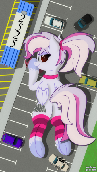 Size: 1800x3200 | Tagged: safe, artist:just rusya, derpibooru import, oc, oc:windbreaker, unofficial characters only, pegasus, pony, butt, car, giant pony, leg warmers, looking at you, lying, macro, parking lot, plot, solo, vehicle