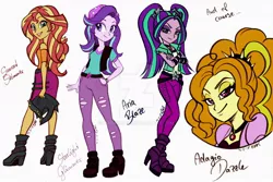 Size: 1280x854 | Tagged: safe, artist:nadairead, derpibooru import, adagio dazzle, aria blaze, starlight glimmer, sunset shimmer, equestria girls, equestria girls series, mirror magic, rainbow rocks, spoiler:eqg specials, beanie, hat, obtrusive watermark, smiling, standing, watermark