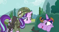 Size: 1072x580 | Tagged: safe, artist:buckweiser, derpibooru import, edit, edited screencap, screencap, starlight glimmer, twilight sparkle, pony, unicorn, ak-47, assault rifle, bush, bushicorn, duo, duo female, female, full metal jacket, gun, helmet, m16, military, military uniform, movie reference, rifle, vietcong, vietnam war, weapon