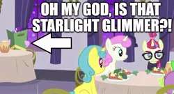 Size: 811x437 | Tagged: amending fences, arrow, captain obvious, caption, derpibooru import, edit, edited screencap, image macro, lemon hearts, moondancer, op is a slowpoke, safe, screencap, slowpoke, spike, spy, starlight glimmer, starlight stalker, text, twinkleshine