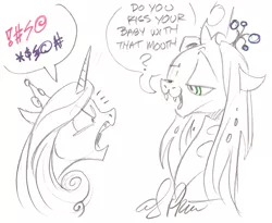 Size: 1472x1209 | Tagged: safe, artist:andypriceart, derpibooru import, edit, editor:dsp2003, princess cadance, queen chrysalis, alicorn, changeling, changeling queen, pony, :3, andy you magnificent bastard, censored vulgarity, fangs, female, grawlixes, mare, monochrome, pencil drawing, smug, smug bug, traditional art