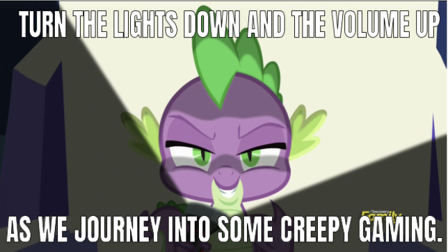 Size: 644x362 | Tagged: creepy gaming, derpibooru import, discovery family logo, dragon, dungeons and discords, edit, edited screencap, editor:undeadponysoldier, flashlight (object), looking at you, male, meme, mullet mike, reference, safe, screencap, sinister, sinister smile, solo, spike, talking to viewer