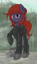 Size: 1105x1920 | Tagged: safe, artist:furncoart, derpibooru import, oc, oc:lumi lithe, unofficial characters only, earth pony, pony, armor, explicit source, fallout, female, image, looking at you, mare, png, power armor, raised hoof, smiling, solo