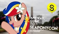 Size: 1318x766 | Tagged: safe, artist:jhayarr23, derpibooru import, oc, oc:pearl shine, pony, project seaponycon, anyway come to seaponycon, anyway come to trotcon, nation ponies, philippines, subverted meme