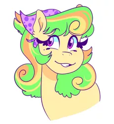 Size: 500x542 | Tagged: safe, artist:cubbybatdoodles, derpibooru import, oc, oc:melon fizz, pony, bust, female, magical lesbian spawn, offspring, parent:carrot top, parent:derpy hooves, parent:ditzy doo, parent:golden harvest, parents:derpytop, solo, source in the description