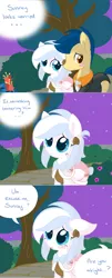 Size: 1240x3078 | Tagged: safe, artist:asksugarcloud, derpibooru import, oc, oc:sugar cloud, oc:sunray smiles, unofficial characters only, earth pony, pegasus, pony, ask sugar cloud, ask sunray smiles, clothes, dress, female, male, mare, prom, stallion, suit