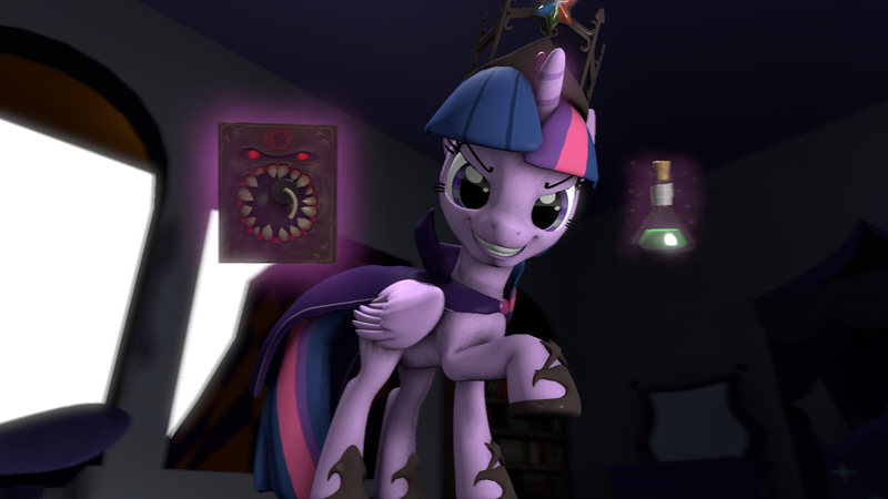 Size: 1280x720 | Tagged: safe, artist:mrm, derpibooru import, twilight sparkle, twilight sparkle (alicorn), alicorn, pony, 3d, bombinomicon, book, crossover, evil, evil twilight, female, grin, looking at you, mare, smiling, solo, source filmmaker, team fortress 2, tyrant sparkle