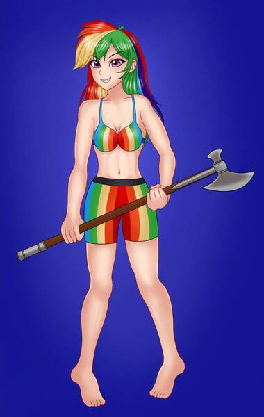 Anime Artist Anonix123 Axe Battle Axe Belly Button Blue Background Boyshorts Bra Breasts Busty Rainbow Dash Clothes Derpibooru Import Female Ghost N Goblins Human Humanized Panties Rainbow Dash Rainbow Underwear Safe