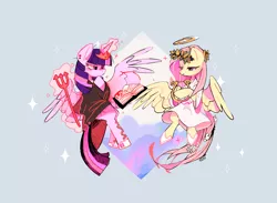 Size: 1280x938 | Tagged: safe, artist:poneko-chan, derpibooru import, fluttershy, twilight sparkle, twilight sparkle (alicorn), alicorn, pegasus, pony, angel, book, clothes, costume, devil, female, fluttershy the angel, halo, harp, mare, musical instrument, trident