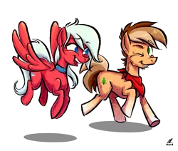 Size: 1827x1551 | Tagged: safe, artist:sukiwukidookie, derpibooru import, oc, oc:buck evergreen, oc:keneta, unofficial characters only, earth pony, pegasus, pony, 2020 community collab, derpibooru community collaboration, bandana, choker, female, flying, male, mare, one eye closed, simple background, smiling, stallion, transparent background, trotting