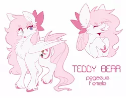 Size: 1280x998 | Tagged: safe, artist:teapup, artist:teapupppy, derpibooru import, oc, oc:teddy bear, unofficial characters only, pegasus, pony, bow, cute, female, mare, pink, reference sheet, solo, tongue out, unshorn fetlocks