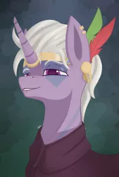 Size: 1720x2550 | Tagged: safe, artist:phi, derpibooru import, oc, unofficial characters only, pony, unicorn, equestria at war mod, aztec, bodypaint, clothes, ear piercing, male, piercing, smug, solo