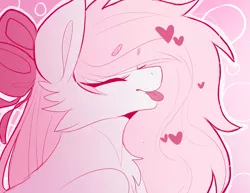 Size: 1035x801 | Tagged: safe, artist:teapup, derpibooru import, oc, oc:teddy bear, unofficial characters only, pegasus, pony, :p, bow, bust, dramatic, fluffy, heart, pink, portrait, solo, tongue out