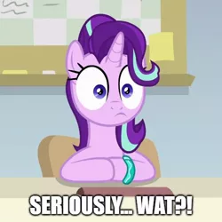 Size: 500x500 | Tagged: safe, derpibooru import, edit, edited screencap, screencap, starlight glimmer, pony, unicorn, student counsel, caption, faic, female, image macro, mare, reaction image, solo, starlight glimmer is best facemaker, text, wat (reaction image), wide eyes