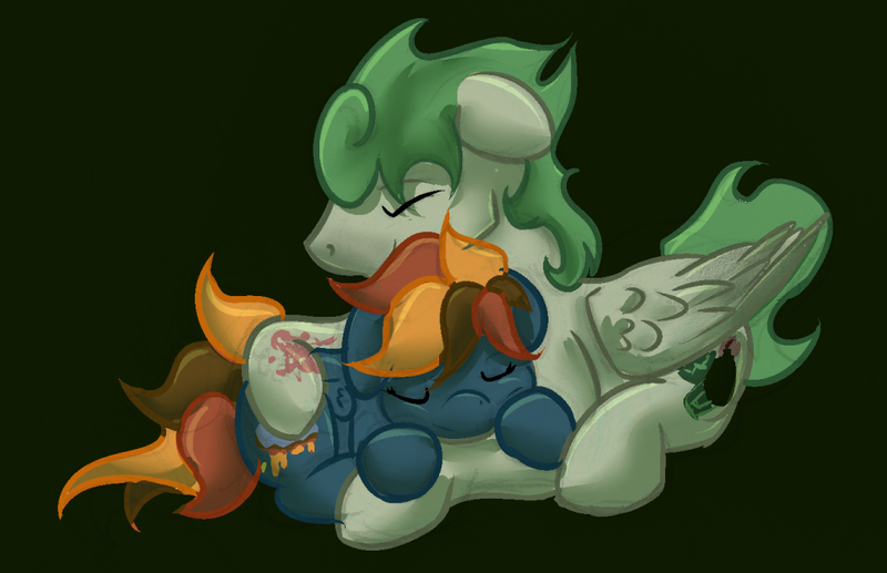 Size: 1024x662 | Tagged: safe, artist:amura-of-jupiter, derpibooru import, oc, oc:hoxie redhoof, oc:morning raindew mist, pegasus, pony, female, hug, male, straight