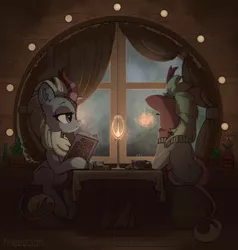 Size: 1900x2000 | Tagged: artist:freeedon, book, cactus, candle, cinder glow, clothes, cozy, derpibooru import, duo, female, flower, flower pot, human shoulders, indoors, kirin, leonine tail, lidded eyes, looking out the window, rain, safe, sitting, sounds of silence, sparkling brook, summer flare, sweater, window