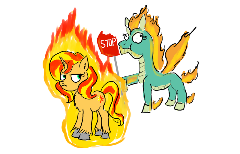 Size: 1400x900 | Tagged: artist:horsesplease, community related, derpibooru import, edit, fiery shimmer, fire, mane of fire, road sign, safe, stop sign, sunset is not amused, sunset shimmer, sunset shimmer is not amused, them's fightin' herds, tianhuo, tianhuo and a road sign, unamused, walking campfire