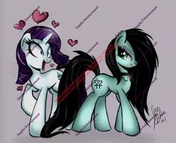 Size: 960x778 | Tagged: safe, artist:ponygoddess, derpibooru import, rarity, oc, oc:sappho, pony, canon x oc, choker, female, in love, lesbian, obtrusive watermark, watermark