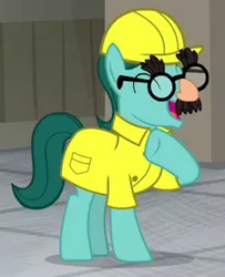 Size: 460x567 | Tagged: safe, derpibooru import, screencap, unnamed character, unnamed pony, earth pony, pony, the last laugh, background pony, clothes, cropped, eyes closed, fake nose, glasses, groucho mask, hard hat, laughing, male, raised hoof, solo, stallion, uniform, worker